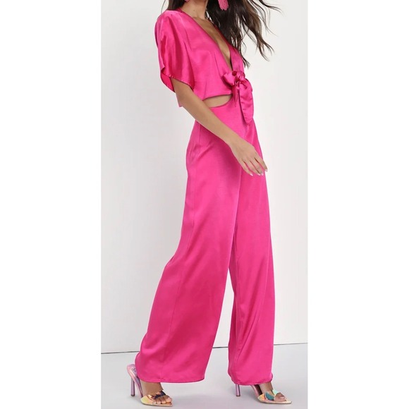 Lulus Pants - NWT Lulus Size Small Flirt For Fun Fuchsia Tie-Front Two-Piece Wide-Leg Jumpsuit